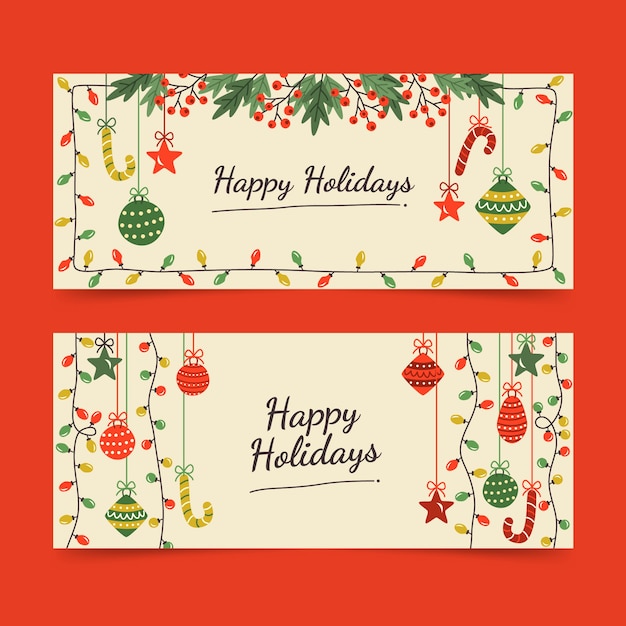 Hand Drawn Flat Happy Holidays Christmas Banners Set – Free Download