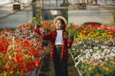 Woman in a Red Shirt, Worker with Flower Pots, and Daughter with Plants – Free Stock Photo Download