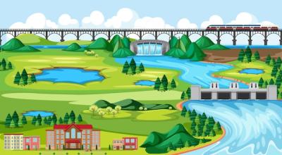 Cartoon Style Train Landscape Scene in Town or City – Free Stock Photo for Download