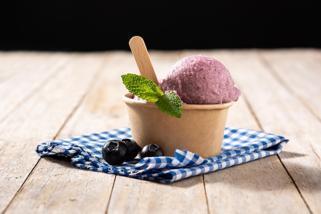 Blueberry Ice Cream Scoop on Wooden Table – Free Download