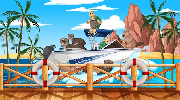 Group of Animals on a Speedboat in an Ocean Scene – Free Download