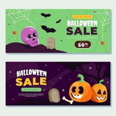 Hand Drawn Flat Halloween Sale Horizontal Banners Set – Free Download