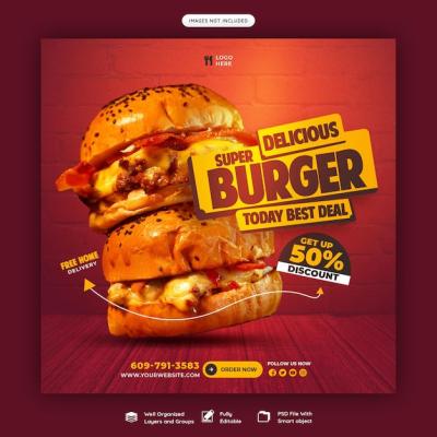 Delicious Burger and Food Menu Social Media Banner Template – Download Free Stock Photo