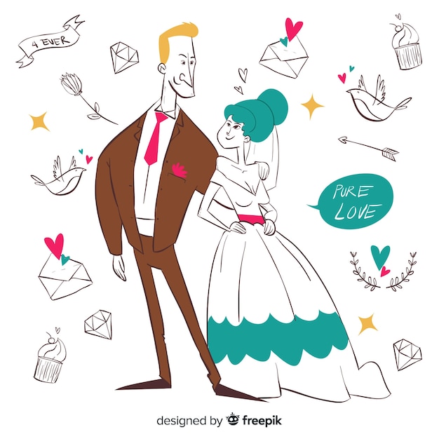 Hand Drawn Wedding Couple with Ornaments – Download Free Stock Photo