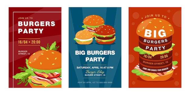 Trendy Big Burgers Party Invitation Designs – Creative Fast Food Festival Invitations with Tasty Junk Food – Free Download