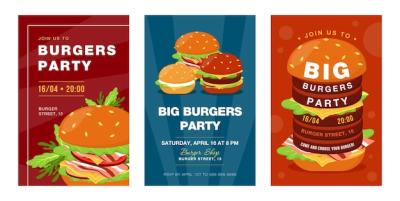 Trendy Big Burgers Party Invitation Designs – Creative Fast Food Festival Invitations with Tasty Junk Food – Free Download