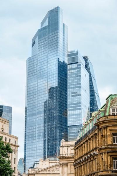 Bottom-Up View of London City Financial District Featuring Skyscrapers and Historic Buildings – Free Download