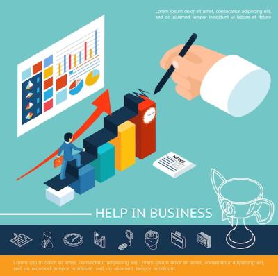 Isometric Business Help Concept: Businessman Climbing Stairs with Diagrams and Icons – Free Download