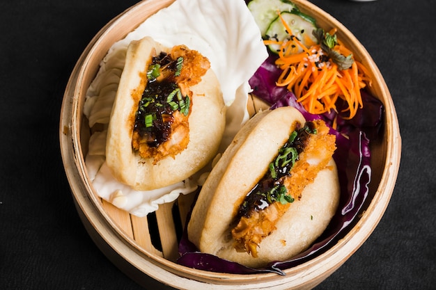 Gua Bao Steamed Buns with Salad in Bamboo Steamer – Free Download