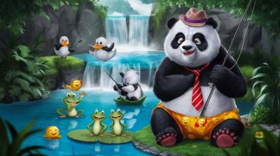 A Panda Bear with a Hat and Tie Sitting in Front of a Waterfall – Free Download