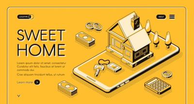 Isometric Thin Line Real Estate Agency Service Illustration on Yellow Halftone Background – Free Download