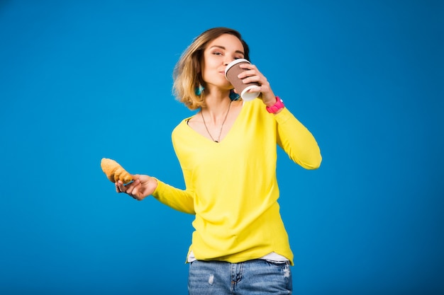 Young Stylish Attractive Woman in Yellow Blouse on Blue – Free Download