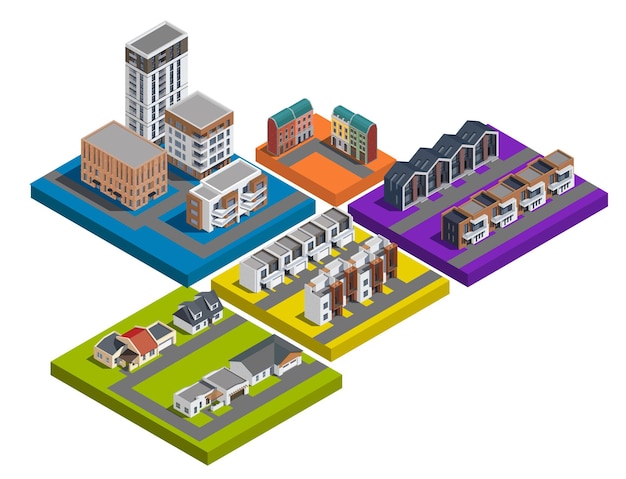 Isometric Set of Colourful Low-Rise Apartment and Town Houses in Suburban City – Free Download