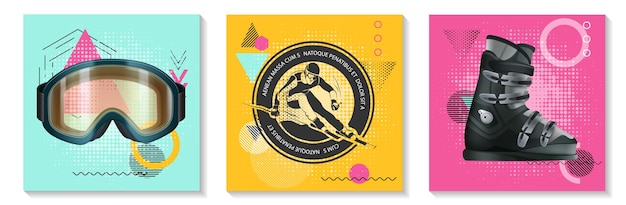 Colorful Winter Sport Cards Set Featuring Realistic Snowboarding Glasses and Monochrome Skier Label – Free Download