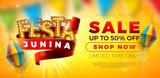 Festa Junina Sale Promotional Illustration Featuring Paper Lantern and Light Bulb Billboard Lettering – Free Download