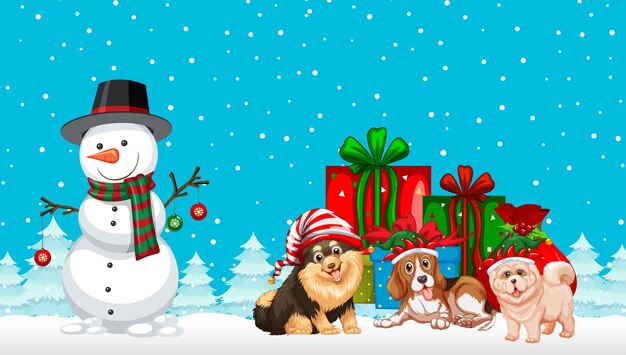 Christmas Snowman and Dogs on a Snowy Blue Background – Free Download