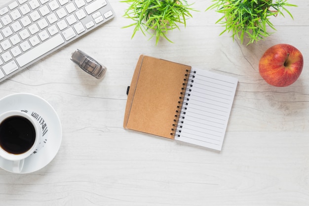 Office Desk Essentials: Diary, Coffee Cup, Apple, Stapler, and Keyboard – Free Download