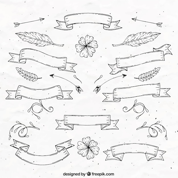 Beautiful Hand Drawn Vintage Ribbons with Leaves and Flowers – Free Download