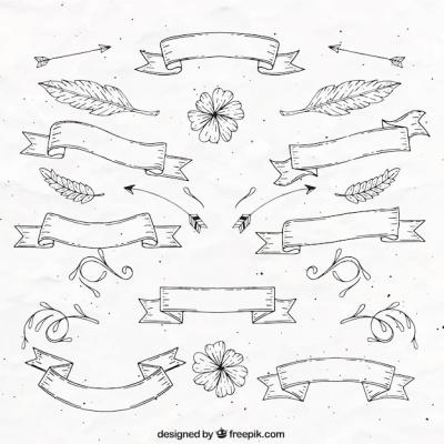 Beautiful Hand Drawn Vintage Ribbons with Leaves and Flowers – Free Download