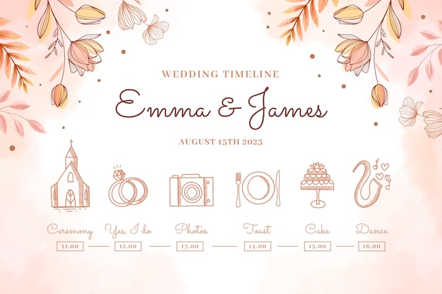 Hand-Drawn Watercolor Wedding Timeline – Free Download