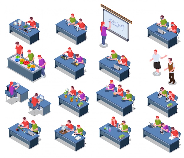 Isometric Icons Collection for STEM Education Featuring Desks, Students, and Equipment – Free Download