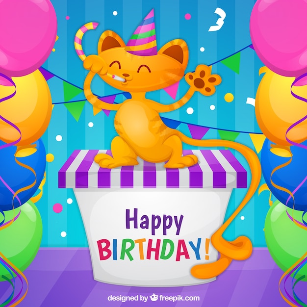 Happy Birthday Background Featuring Cat and Balloons – Free Download