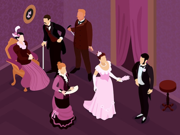 Isometric Victorian Fashion Party Composition in Medieval Saloon – Free to Download