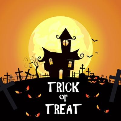 Spooky Trick or Treat Lettering with Castles and Cemetery Elements – Free Download