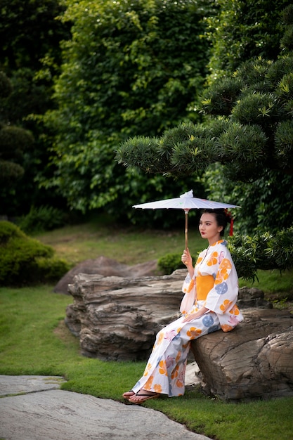 Woman in Kimono with Wagasa Umbrella – Free to Download