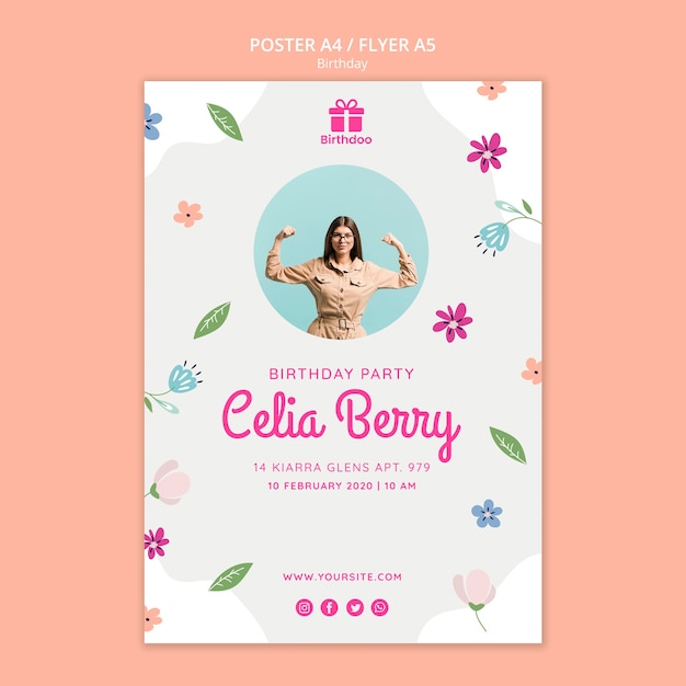 Young Woman with Flowers Birthday Poster – Free Download