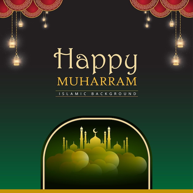 Islamic Social Media Banner with Happy Muharram Green and Maroon Background – Free to Download