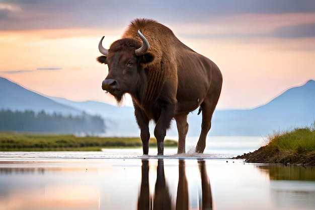 A Bison in a Puddle Against a Stunning Sunset – Free Stock Photo, Download Free