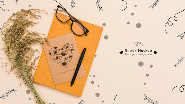 Top View of Book with Card and Glasses – Free Download