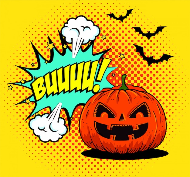 Halloween Pumpkin with Flying Bats in Pop-Art Style – Free Download