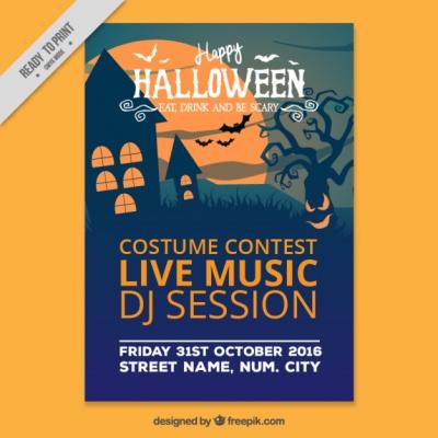 Haunted House and Tree Halloween Party Poster – Free Download