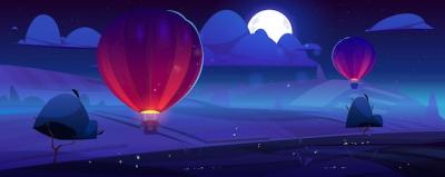 Stunning Summer Landscape Featuring Colorful Hot Air Balloons at Night – Free Download