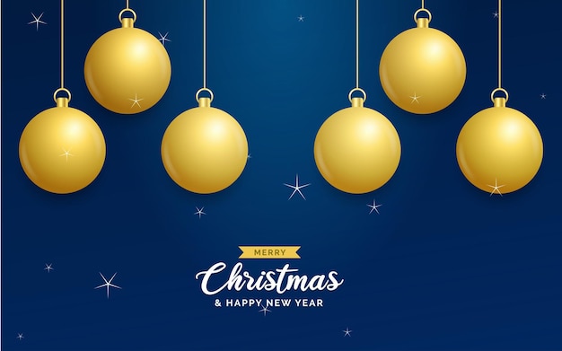 Christmas Blue Background with Shining Golden Balls – Merry Christmas Greeting Card | Free Download