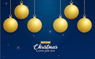 Christmas Blue Background with Shining Golden Balls – Merry Christmas Greeting Card | Free Download