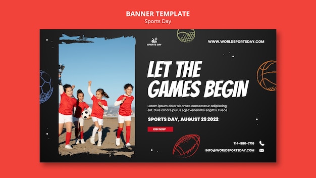 Hand-Drawn Sports Day Horizontal Banner Template – Free Download