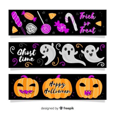 Hand Drawn Halloween Banners Featuring Pumpkins and Ghosts – Free Download