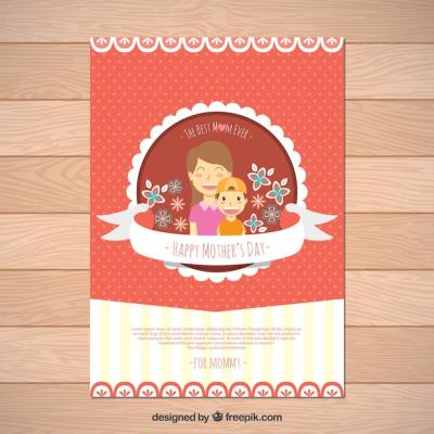 Flat Design Greeting Card Featuring Mother and Son – Free Download