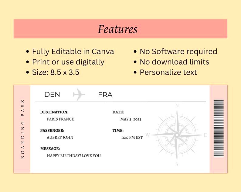 EDITABLE Plane Ticket Canva Template Printable Fake Airplane Ticket 