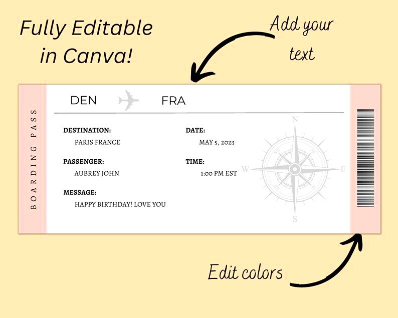 EDITABLE Plane Ticket Canva Template Printable Fake Airplane Ticket 