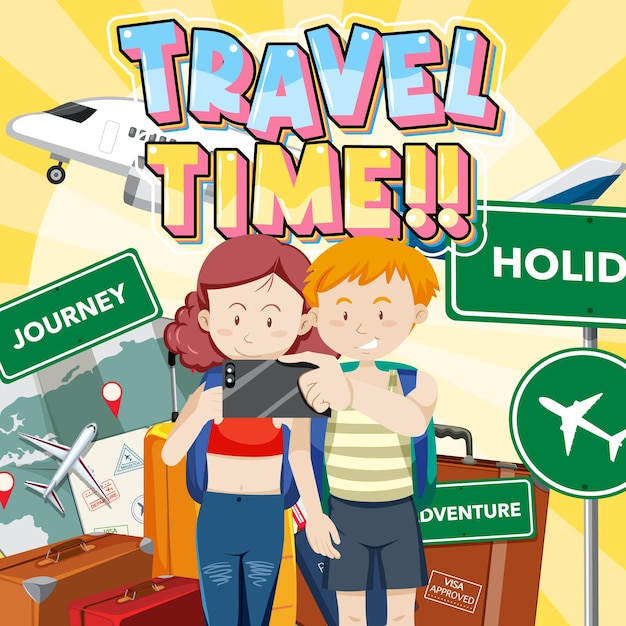 Cartoon Travelers Couple Travel Time Banner – Free Stock Photo, Download for Free