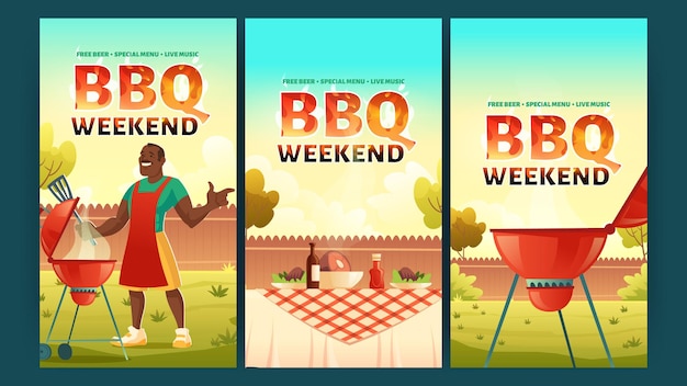 BBQ Weekend Banners Featuring a Man Cooking Meat on the Grill – Free Download