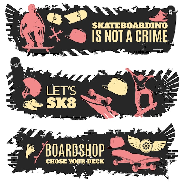 Skateboarding Banner Set Featuring “Skateboarding is Not a Crime” and “Choose Your Deck” Vector Illustrations – Free Download