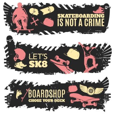 Skateboarding Banner Set Featuring “Skateboarding is Not a Crime” and “Choose Your Deck” Vector Illustrations – Free Download