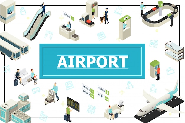 Isometric Airport Scene Featuring Passengers, Security Control, and Check-In Desk – Free Download