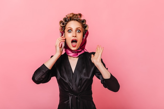 Housewife in Dressing Gown and Scarf Talking on Phone – Free Stock Photo, Download Free