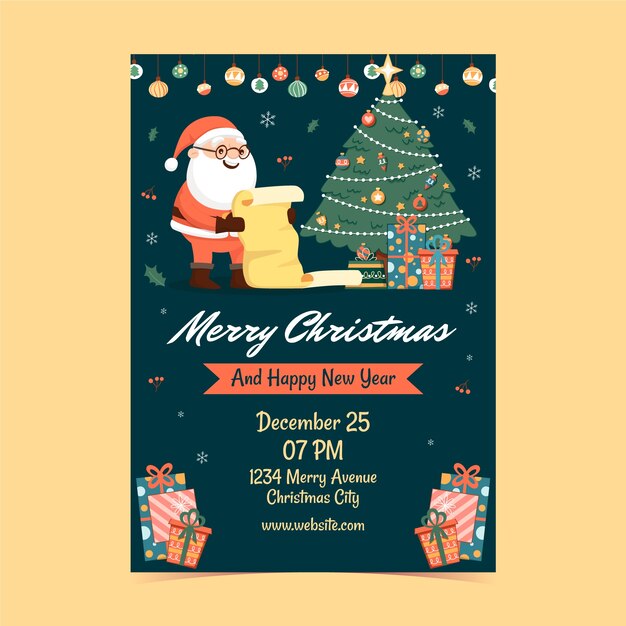 Flat Vertical Poster Template for Christmas Season Celebration Featuring Santa and a Christmas Tree – Free Download